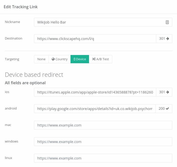 For each device you want to target, fill in the relevant destination URL.