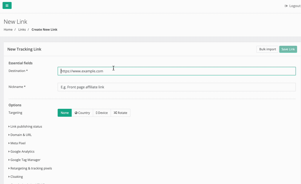 In the **Destination** field, type in the URL you want a tracking link for. 
