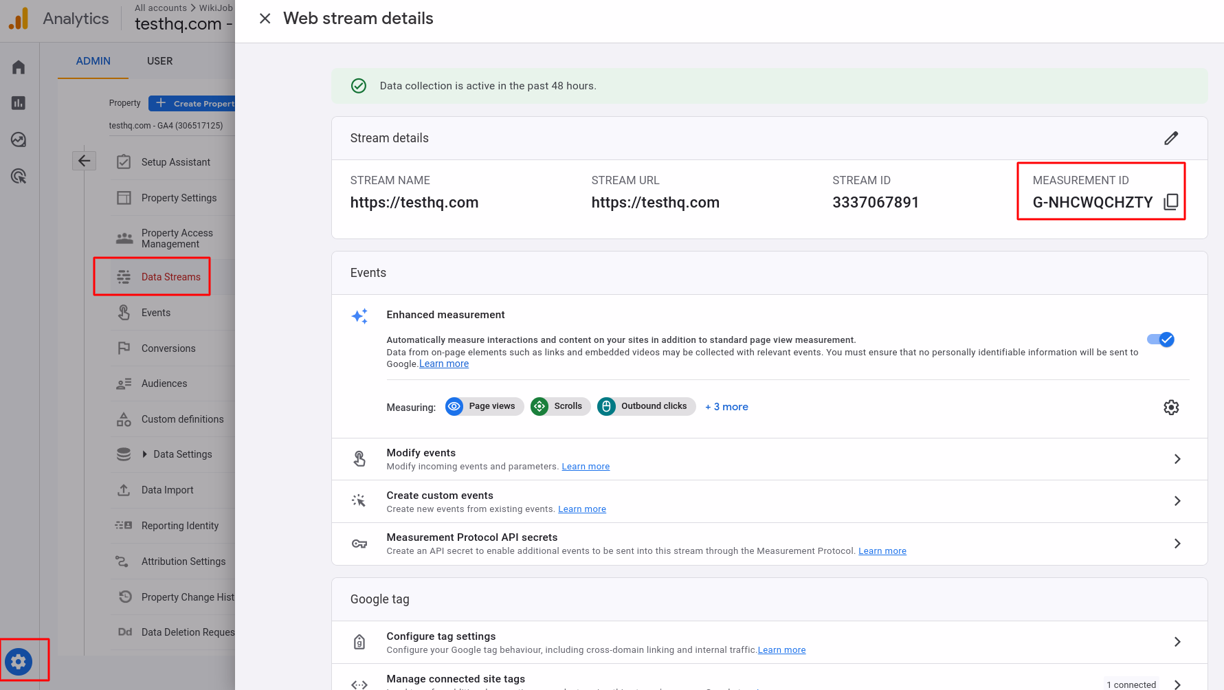 Inside the Data Stream, copy your measurement ID. 