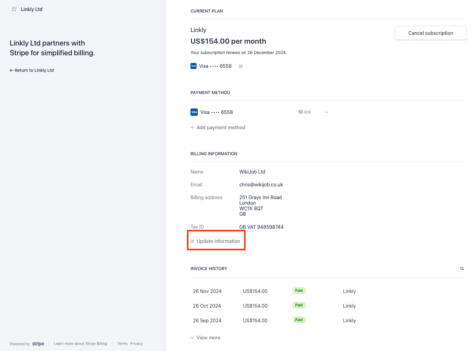 Under 'Billing Information', click 'Update Information'