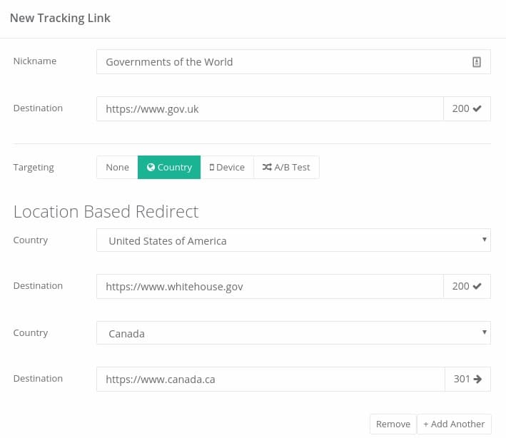 Pour chaque pays que vous souhaitez cibler, entrez une URL de destination spécifique.
