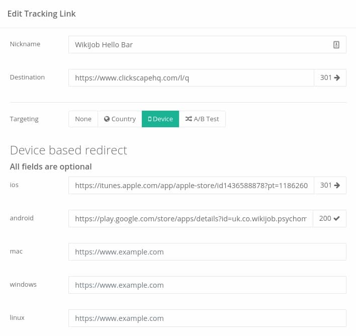 For each device you want to target, fill in the relevant destination URL.
