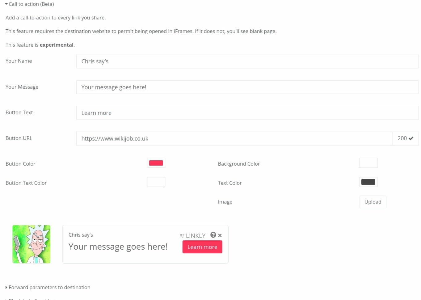 Configure a call-to-action on Linkly's main link creation page.