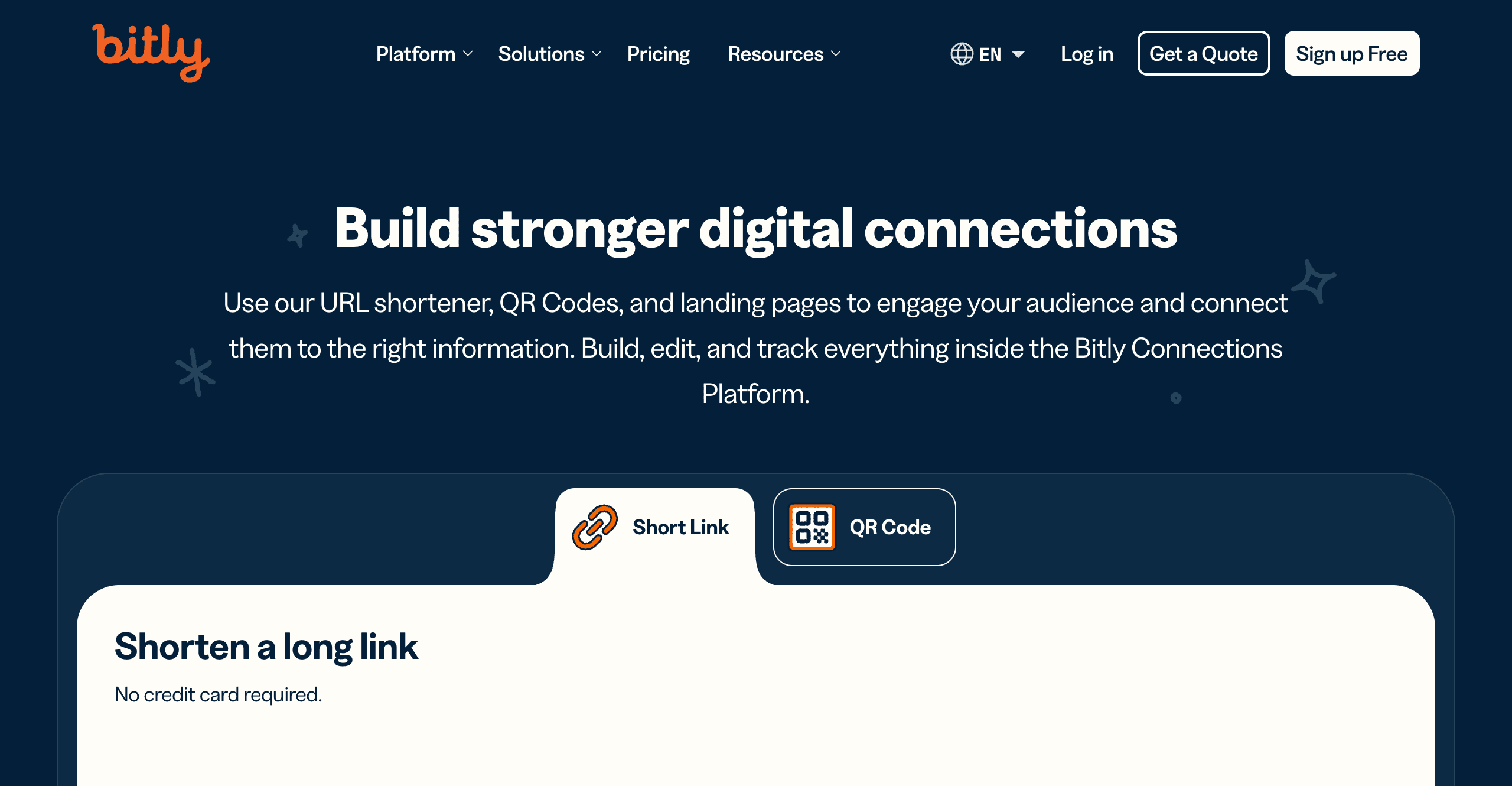 Bitly homepage showing its URL shortener and QR code platform