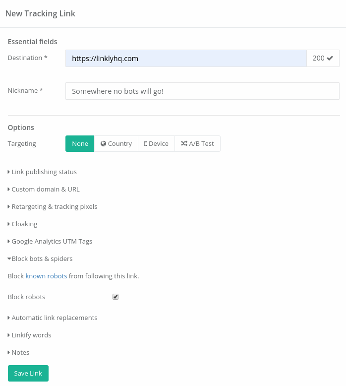 Click 'Block robots' to block robots from following your links.