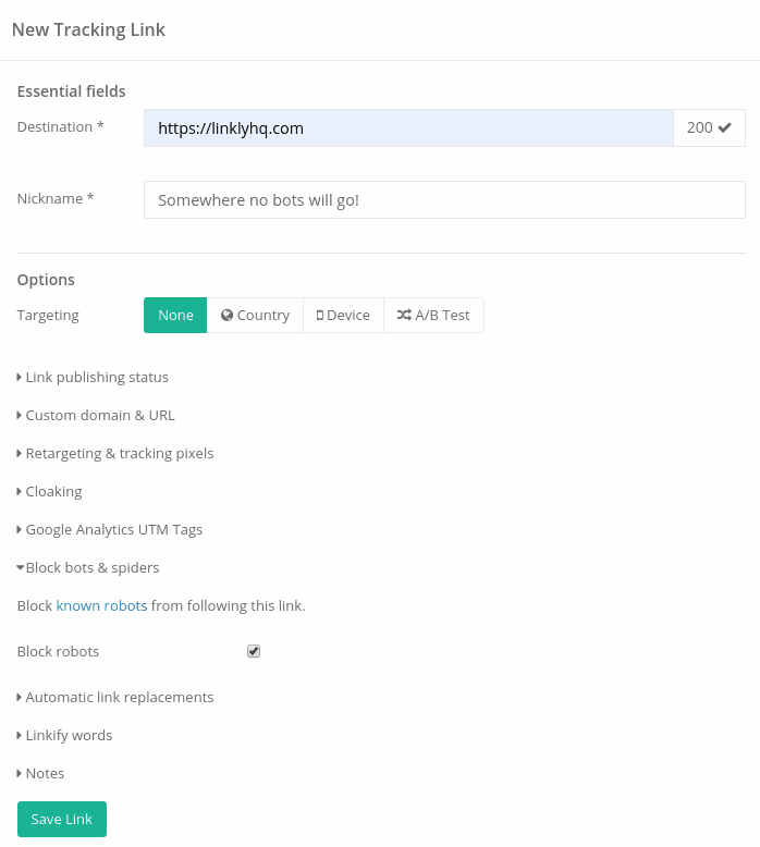 Click 'Block robots' to block robots from following your links.