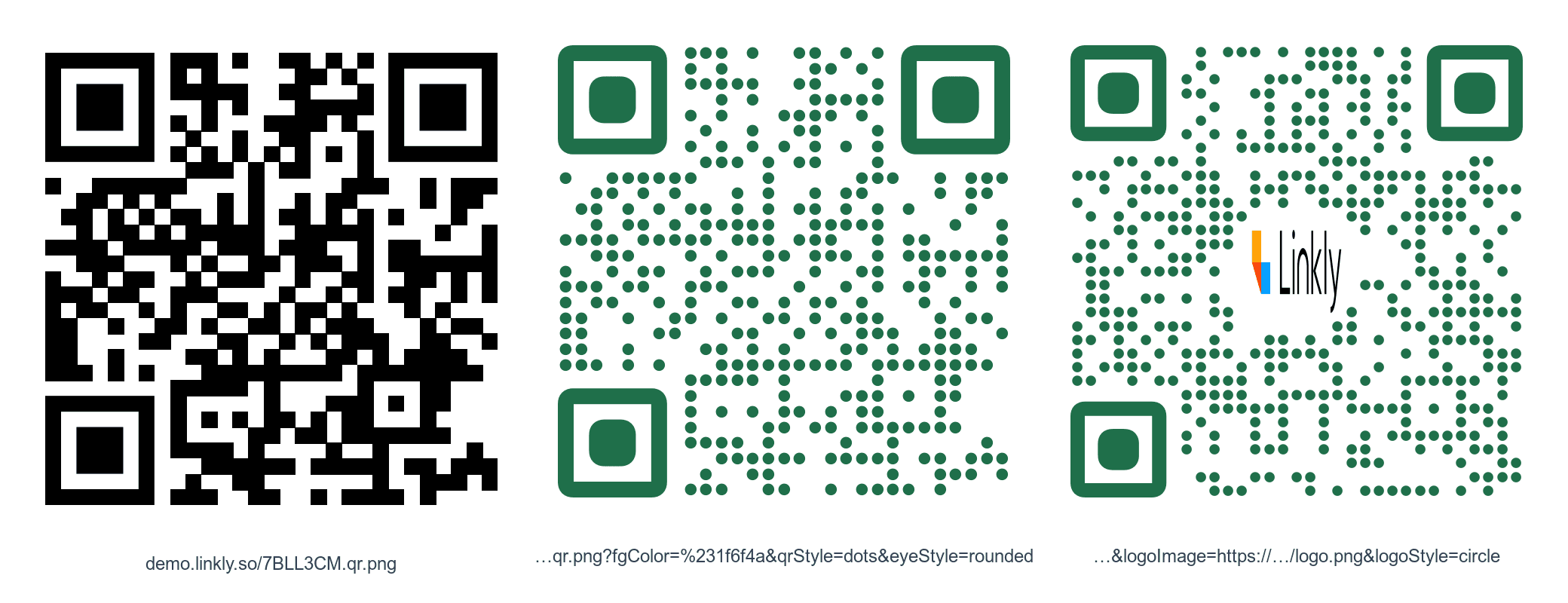 The same Linkly short link's QR code rendered by URL — default, with brand colour, dots and rounded eyes, and with a logo — using query parameters on .qr.png