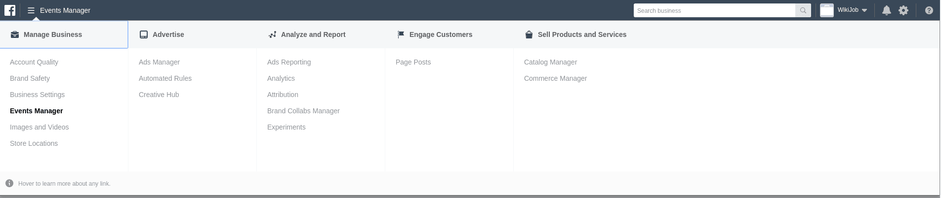 Klik in Facebook's Business Manager op het menu bovenaan en selecteer **Events Manager**.