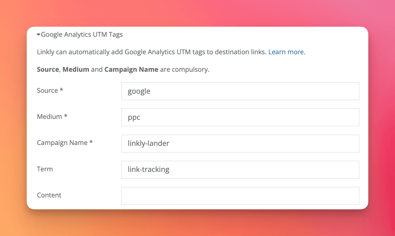 **Google Analytics UTM 태그** 아래에 사용할 태그를 입력합니다.