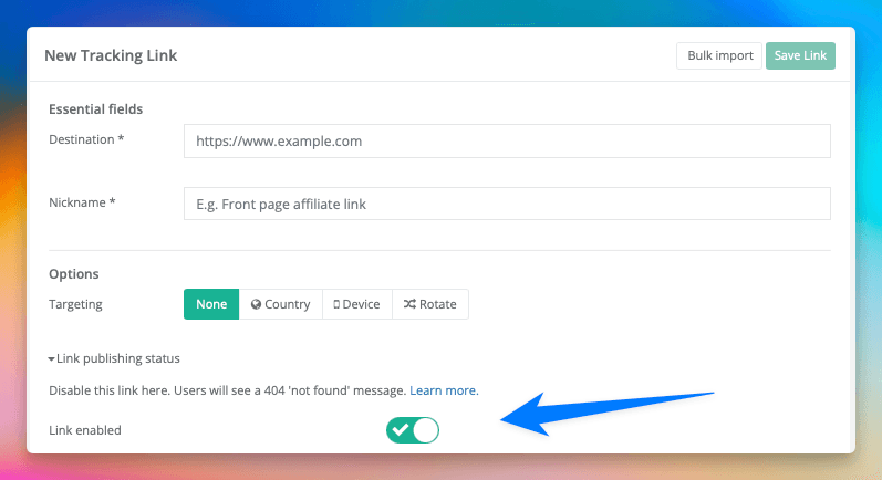 링크 편집 양식에서 **링크 게시 상태**를 클릭합니다.