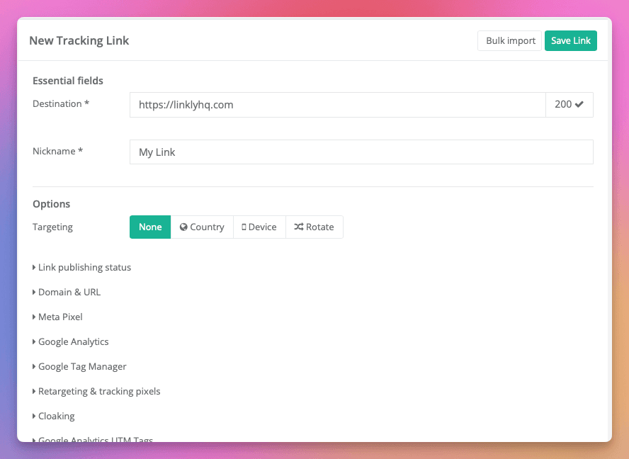 Crea un Nuevo Enlace en Linkly y establece el destino