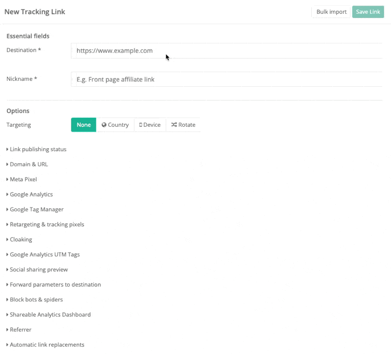 Click **Create New Link** from the menu.