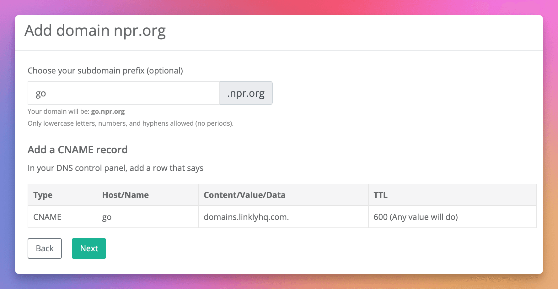 Add custom subdomains to Linkly