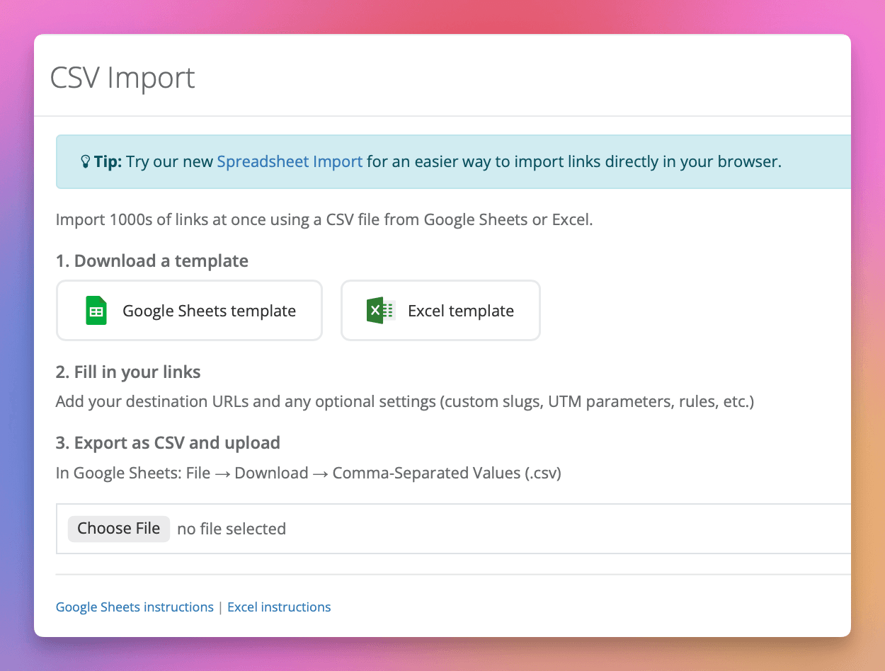 Gehen Sie in Linkly zu **Integrationen → Massen-Import**.