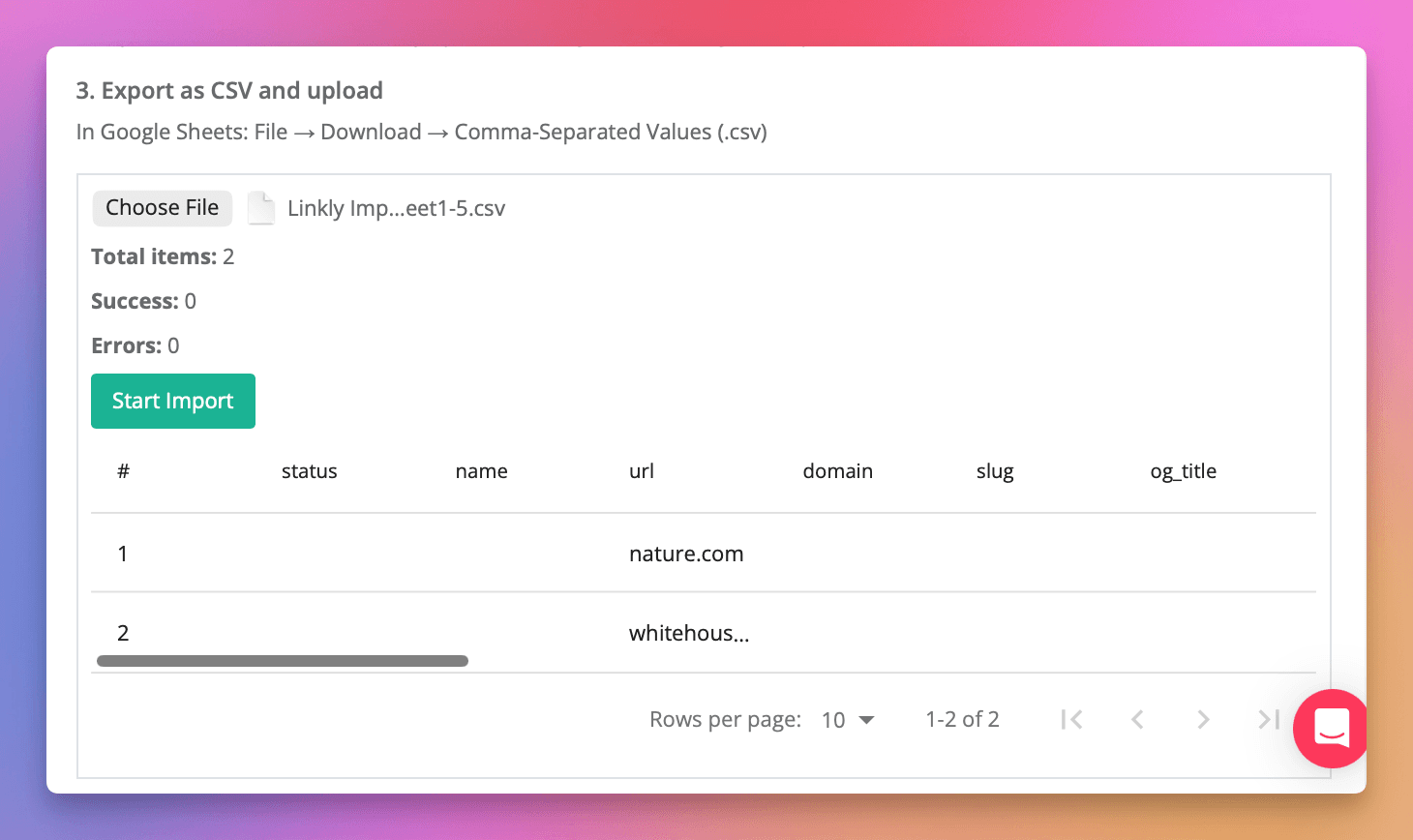 Click **Start Import** to import your links.