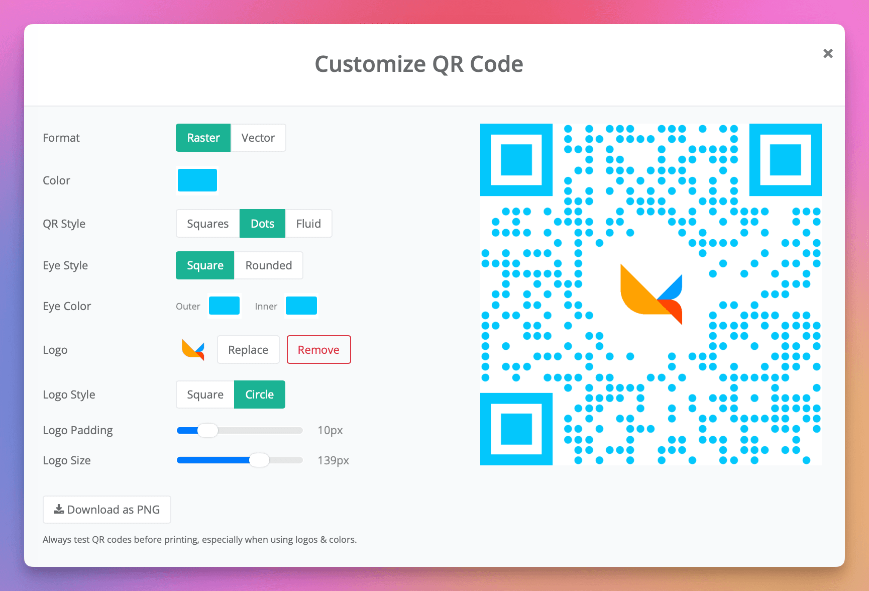 Klik op de **QR-code** om de kleuren aan te passen.