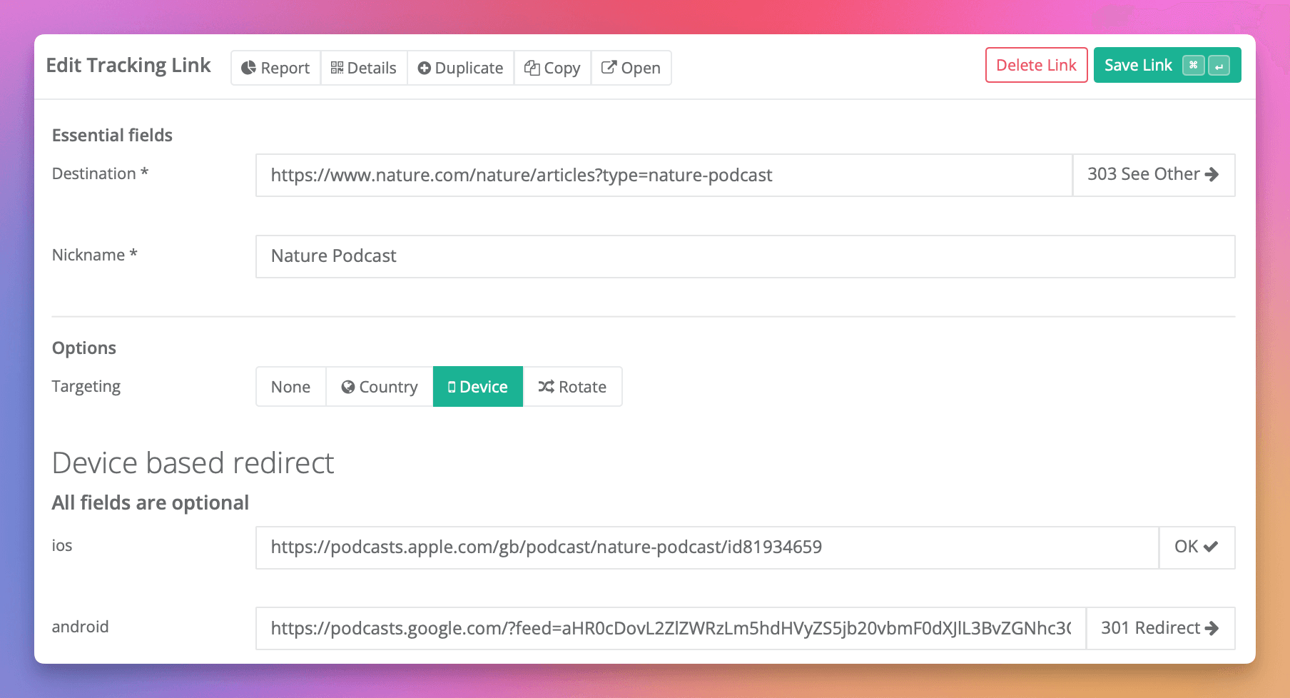 Under **Android**, paste your **Spotify** or preferred podcast app link.