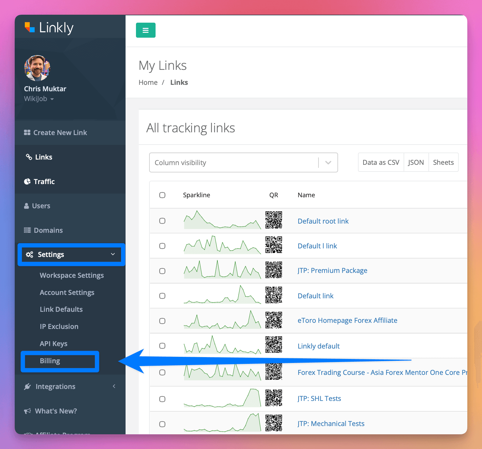 Select **Billing** from **Settings** in the sidebar