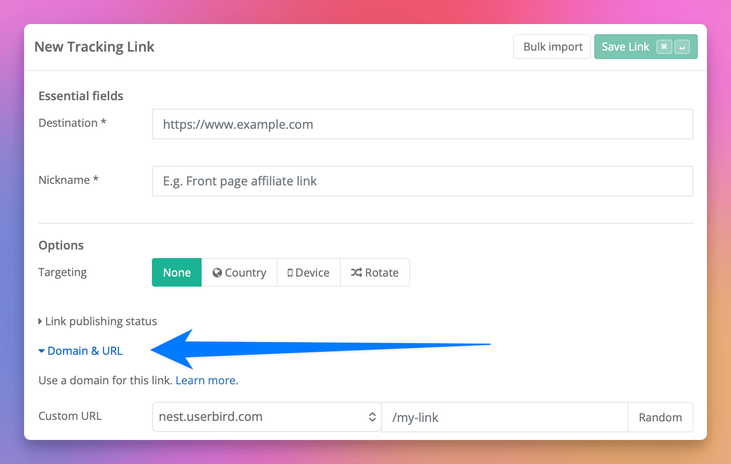Kliknij **Własna domena i adres URL** w formularzu linku.