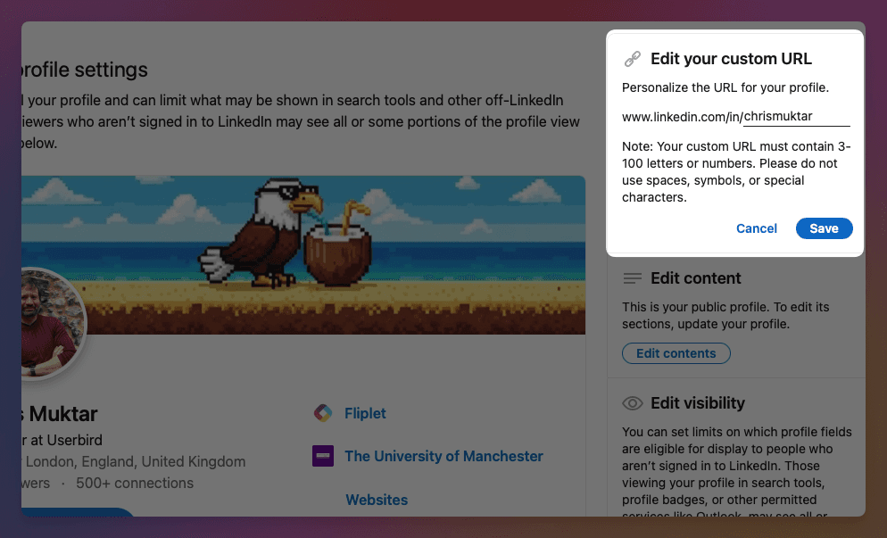 Entrez l'URL souhaitée (votre nom, marque ou identifiant professionnel)
