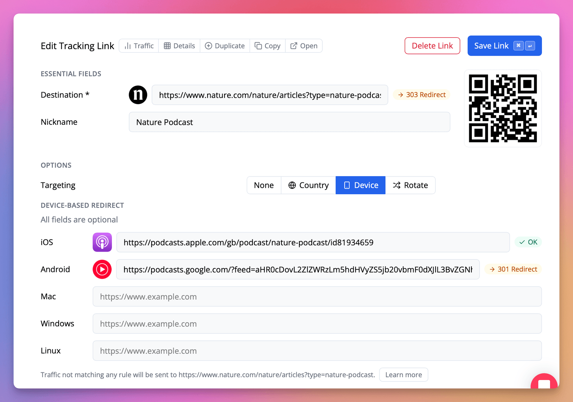 For each device you want to target, fill in the relevant destination URL.