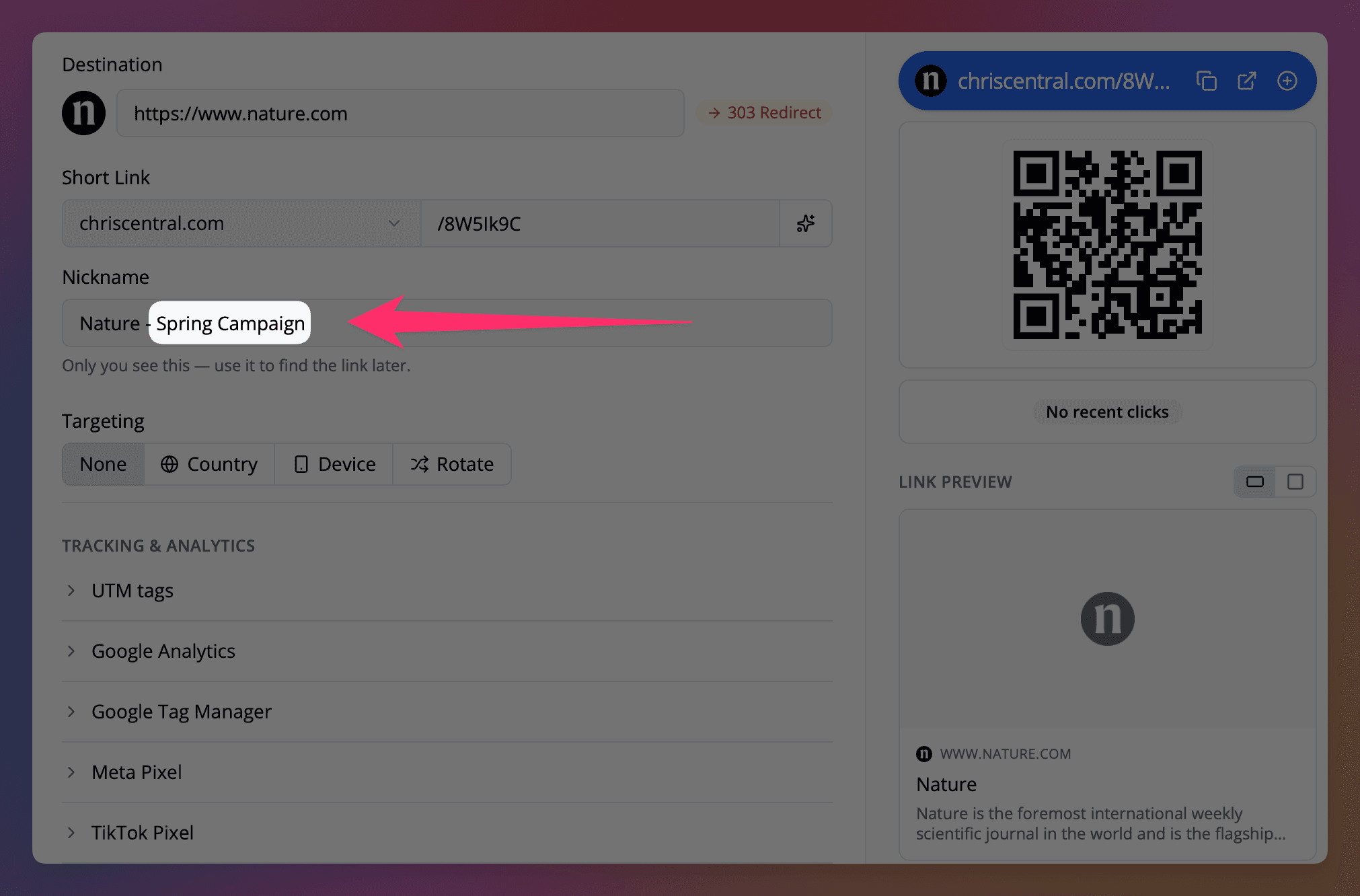 Aggiungi una parola chiave al soprannome del tuo link
