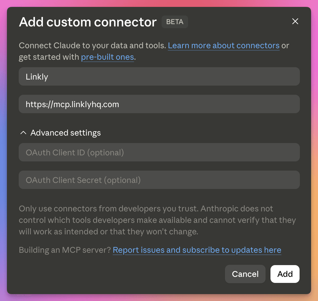 Add Linkly as a custom connector