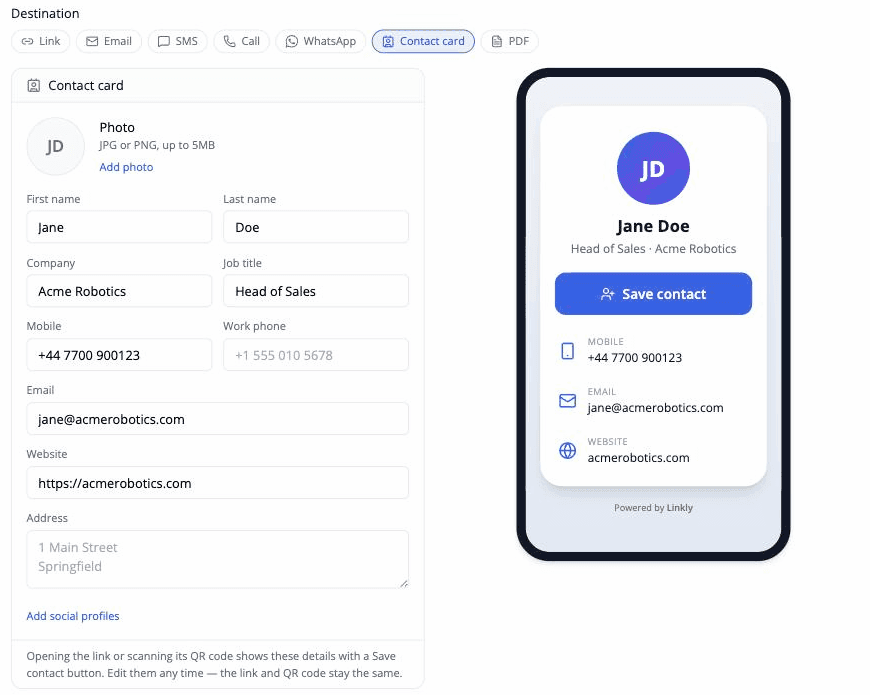 Choose the **Contact card** link type