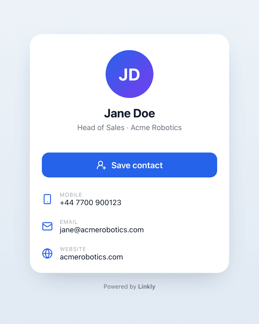 The contact page a vCard QR code scan opens, with a Save contact button