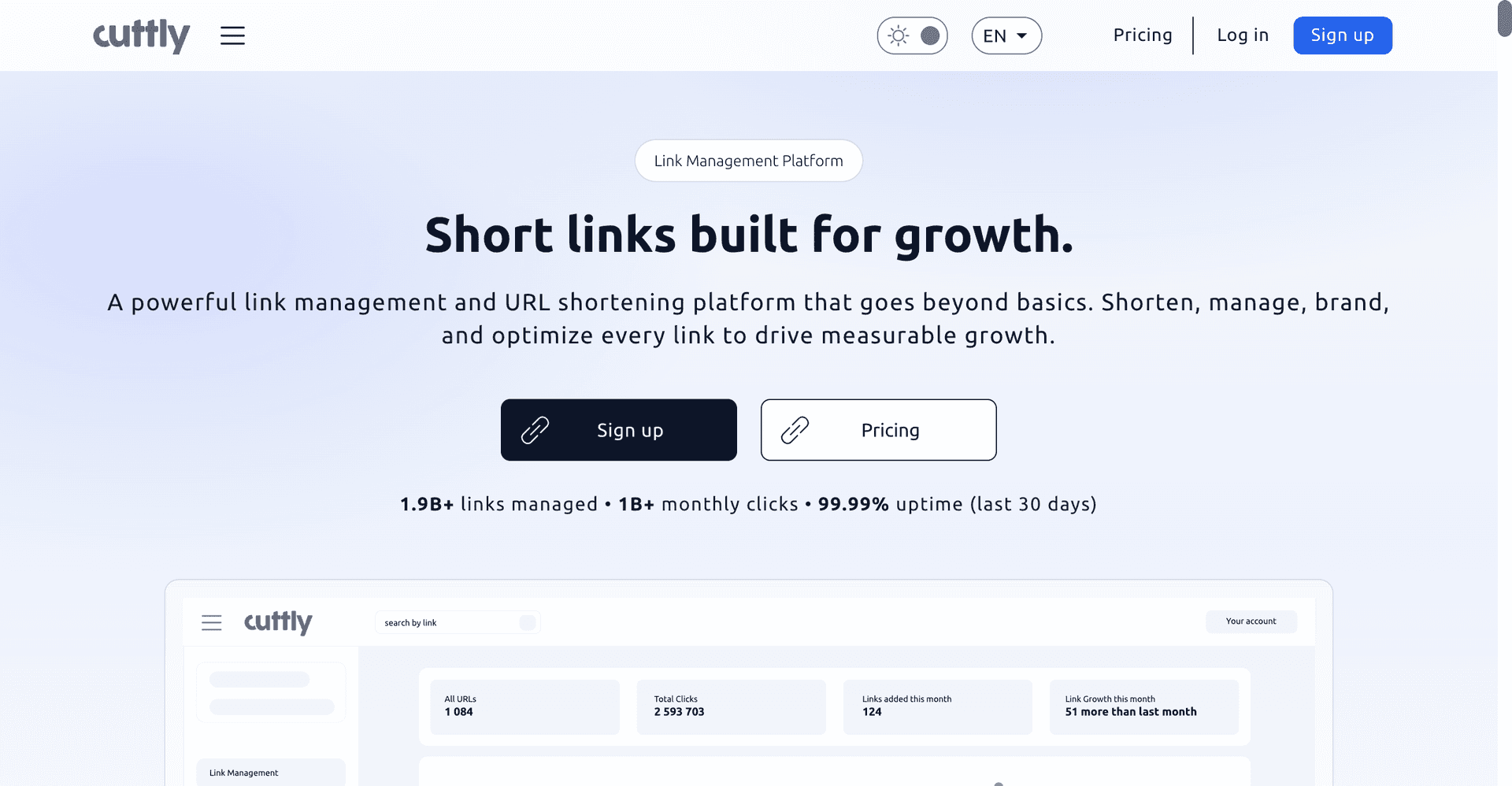 Cutt.ly homepage showing its link management platform