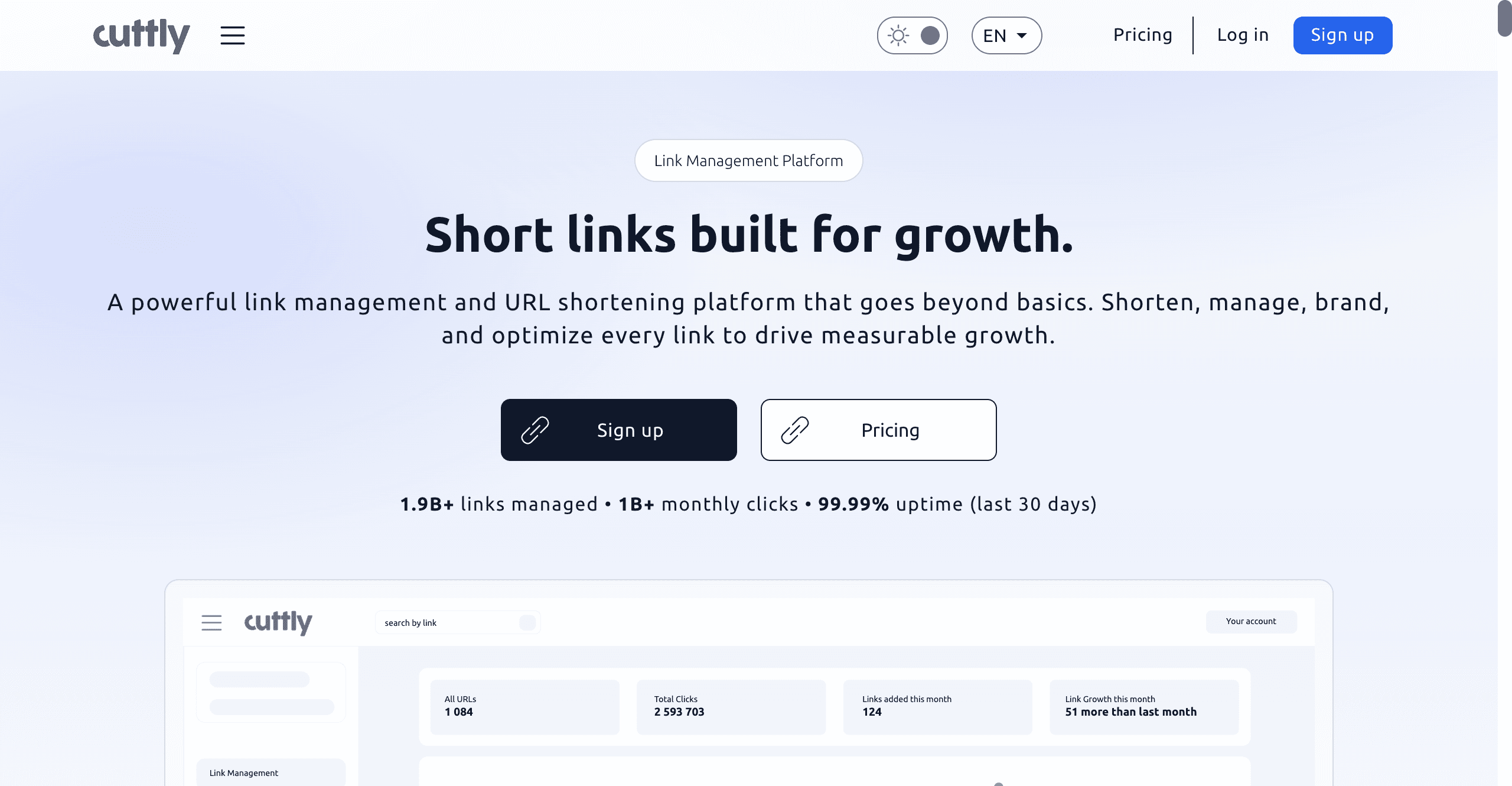 Cutt.ly homepage showing its link management platform