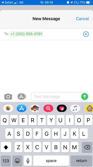 Écran iPhone montrant l'application de messagerie avec un numéro pré-rempli après la numérisation du code QR