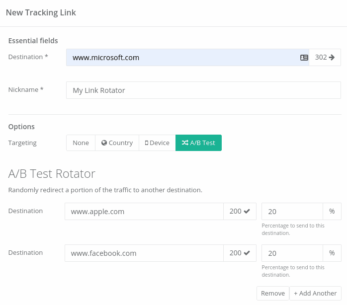 Linkly link rotator configuration showing multiple destination URLs with percentage splits