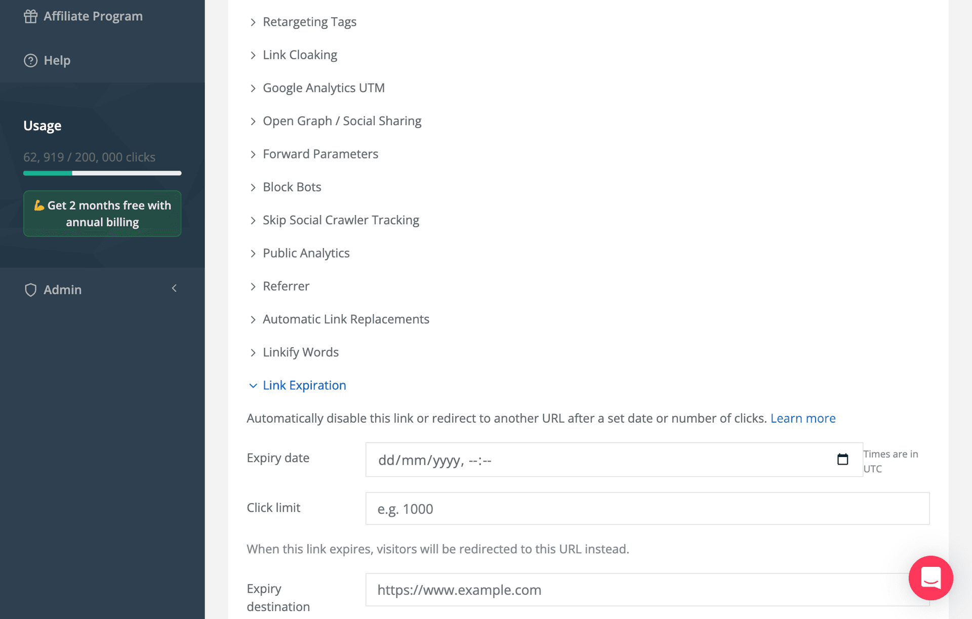 Linkly link expiration settings showing expiry date, click limit, and expiry destination fields