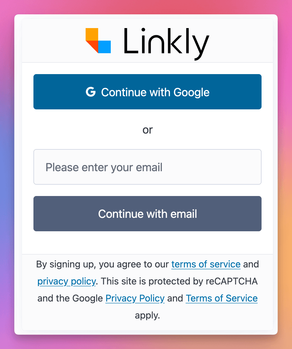 صفحة تسجيل دخول Linkly توضح خيارات المتابعة عبر Google والبريد الإلكتروني