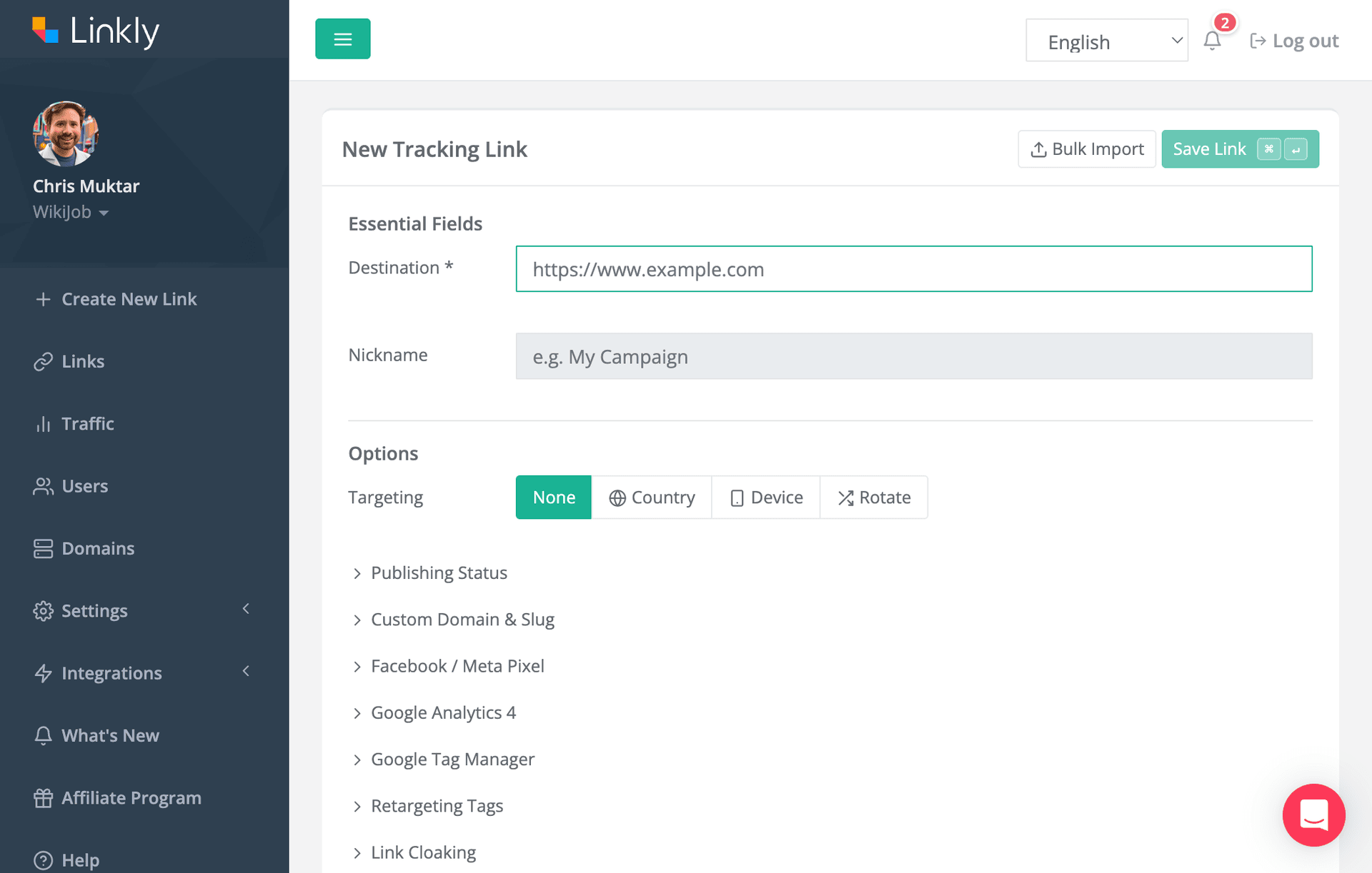 Linkly new tracking link creation form showing destination URL, nickname, and targeting options