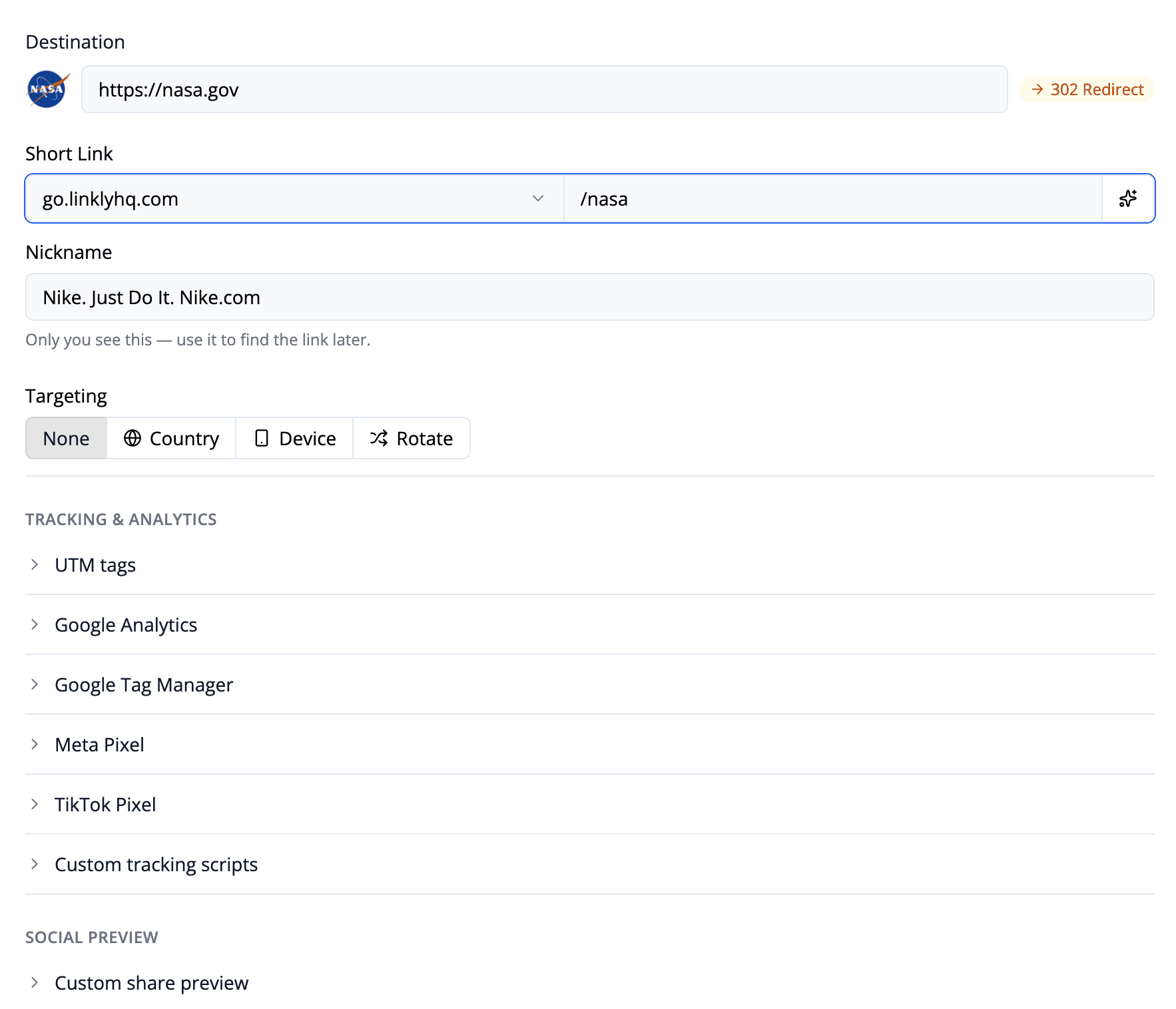 Linkly new tracking link creation form showing destination URL, nickname, and targeting options
