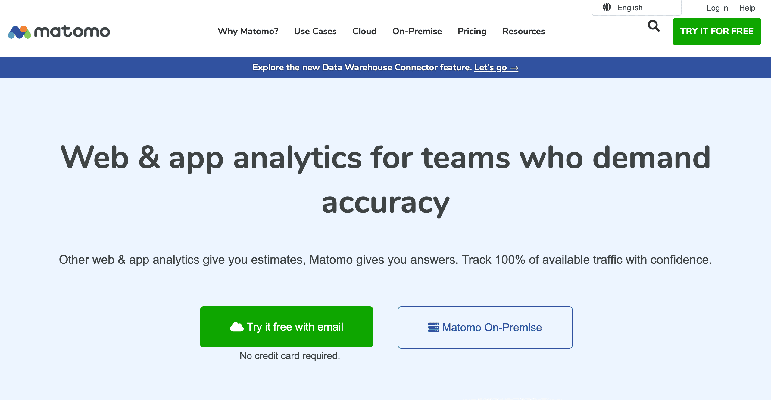 Matomo homepage showing its web and app analytics platform