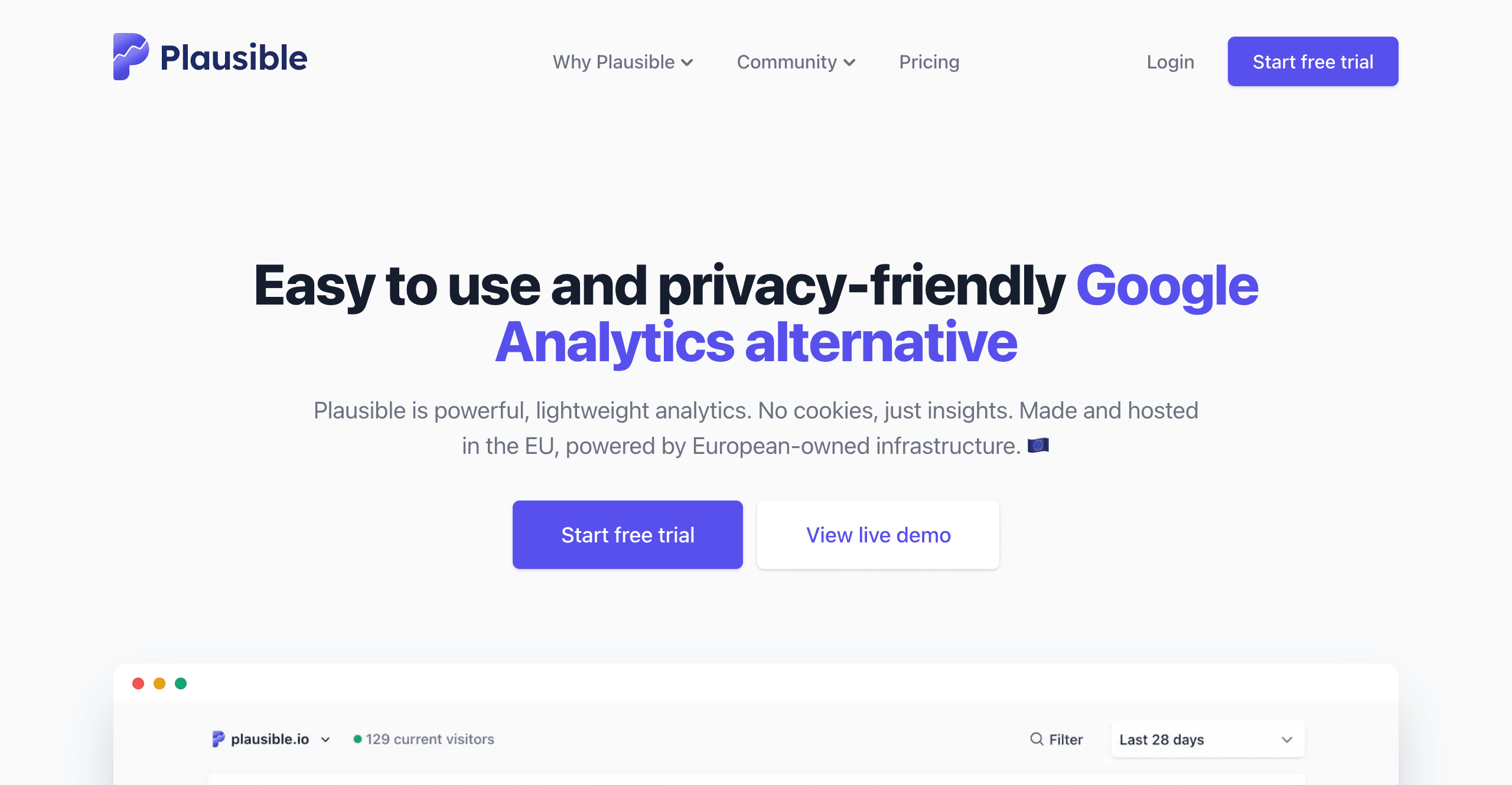 الصفحة الرئيسية لـ Plausible Analytics التي تعرض بديل Google Analytics الصديق للخصوصية