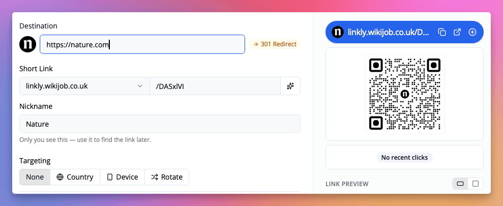 Créez un nouveau lien dans Linkly et définissez la destination