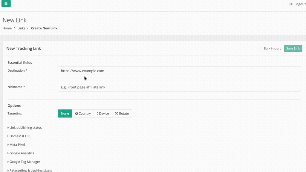 Klik op **Nieuwe link maken**.