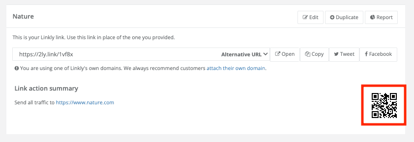 Linkly génère automatiquement des codes QR pour chaque URL vanité que vous créez