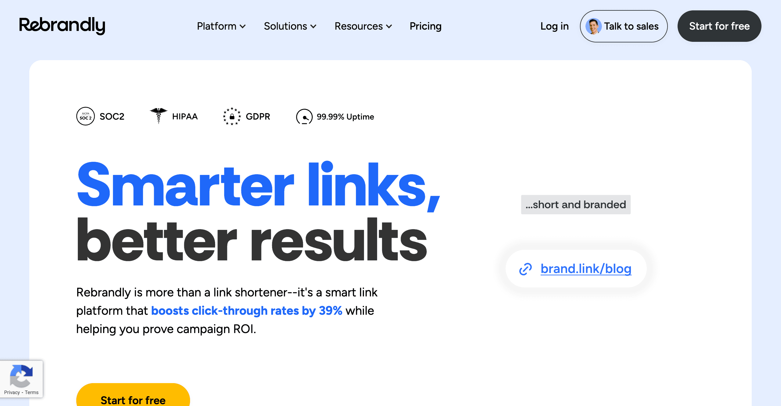 صفحة Rebrandly الرئيسية توضح منصة اختصار الروابط ذات العلامة التجارية