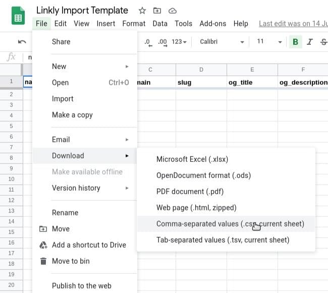 **ファイル → ダウンロード → カンマ区切り値(.csv)**をクリックします。