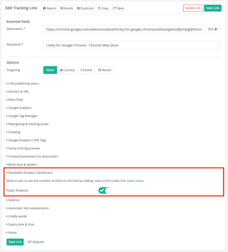 Dalle opzioni, seleziona **Dashboard Analytics Condivisibile**.