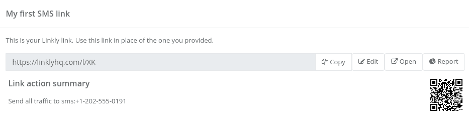 QR code generated for an SMS link that prompts users to send a text message