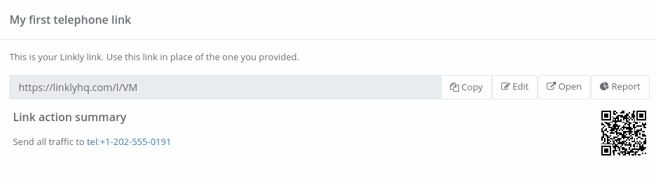 QR code generated for a tel link that prompts users to make a phone call
