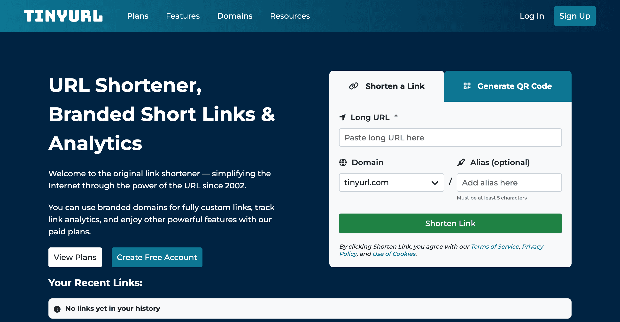 TinyURL homepage showing its simple URL shortening interface