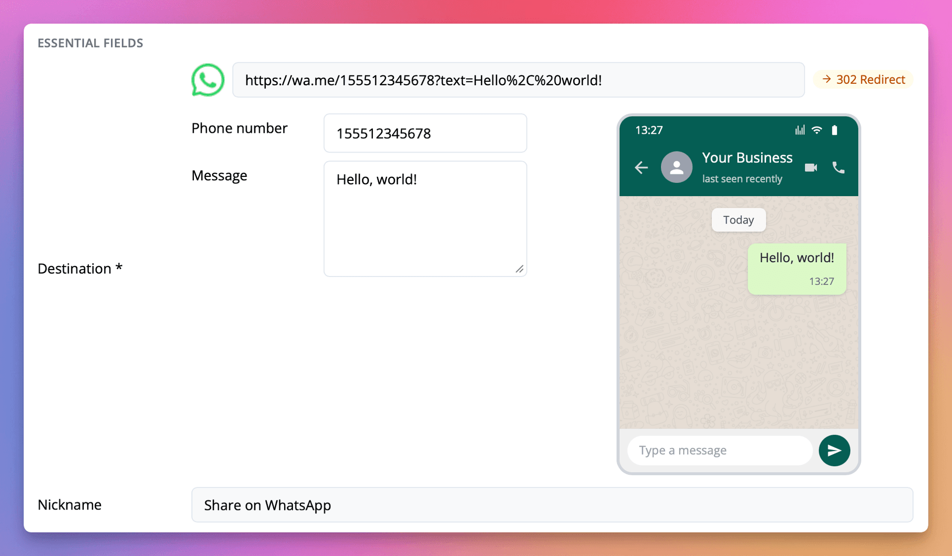 Linkly's WhatsApp link editor showing phone number and message fields with a live chat preview.