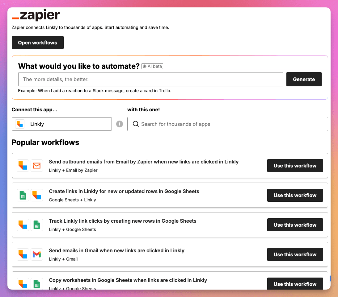 Zapier templates inside Linkly